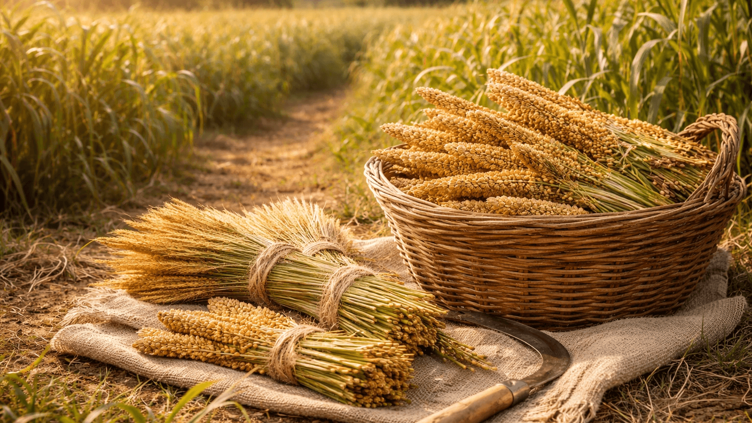 Millet in a basket sits on a sunlit field, showcasing a bountiful harvest ready for collection.